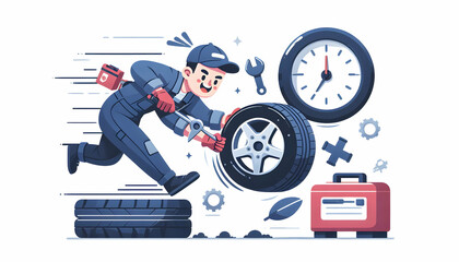 Efficient Flat Vector Illustration of Tire Change by a Mechanic Demonstrating Speed and Precision in a Daily Work Setting on Isolated White Background