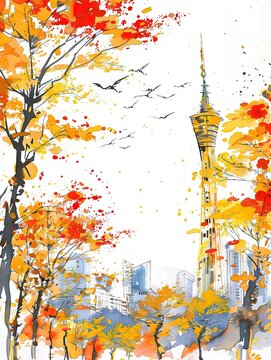Watercolor with colorful autumn leaves on the trees and ground