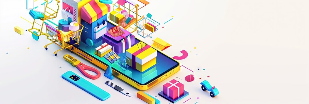 isometric image of a smartphone and a lot of elements of retail coming out of the screen