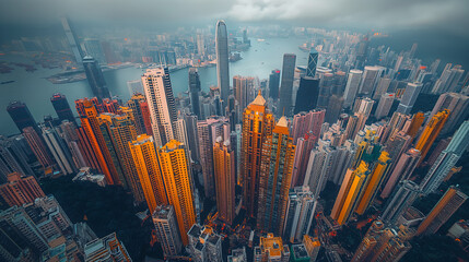 Digital network connection lines of Hong Kong Downtown. Financial district and business centers in smart city in technology concept. Top view of skyscraper and high-rise buildings. Aerial view. - obrazy, fototapety, plakaty