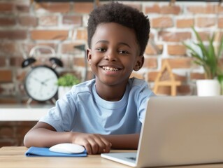 Smiling african american child schoolboy studying online on laptop