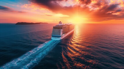 A cruise ship at sea sails to meet the sunset - obrazy, fototapety, plakaty
