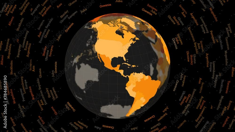 Poster rotating globe. dark translucent globe with round geographical names text. astonishing spinning plan