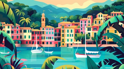 A bright flat illustration of a provincial town by the sea with colorful buildings and boats on the water. In the background is a lush green landscape with mountains and palm trees - obrazy, fototapety, plakaty