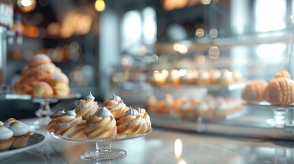 Elegant Patisserie Display with Gourmet Pastries and Soft Lighting