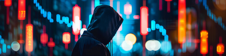 Hooded Figure Against Vibrant City Lights at Night - obrazy, fototapety, plakaty