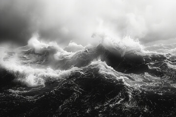 Monochrome Ocean Waves Under Stormy Skies - obrazy, fototapety, plakaty