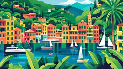 Stickers pour porte Montagnes A bright flat illustration of a provincial town by the sea with colorful buildings and boats on the water. In the background is a lush green landscape with mountains and palm trees