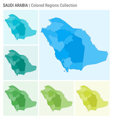 Saudi Arabia map collection. Country shape with colored regions. Light Blue, Cyan, Teal, Green, Light Green, Lime color palettes. Border of Saudi Arabia with provinces for your infographic.