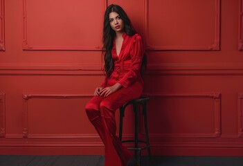 Elegant Woman in Chic Red Suit Posing Against Monochrome Background