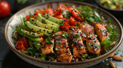 Fototapeta premium Vibrant hues of ripe tomatoes and creamy avocado adorn a bed of nutrient-rich quinoa and mixed greens, crowned with succulent chicken, exuding freshness and flavor-3