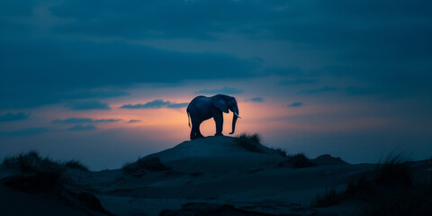 Majestic Elephant Silhouette Against Twilight Sky on Sand Dunes