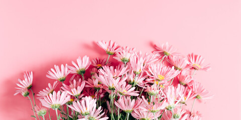 Beautiful flowers composition. Pink flowers on pastel pink background. Valentines Day, Easter, Birthday, Mother's day. Flat lay, top view, copy space