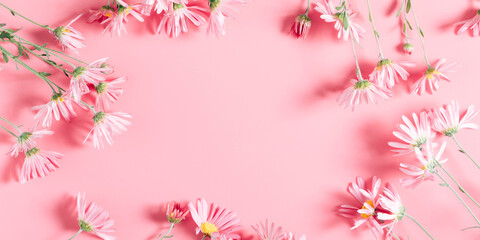 Beautiful flowers composition. Pink flowers on pastel pink background. Valentines Day, Easter,...