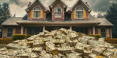 A pile of money in front of a house - real estate and rental concept - making money as a homeowner and landlord