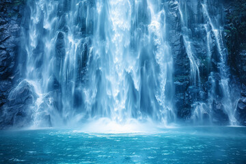 Majestic Blue Waterfall in Mystic Forest Scenery - obrazy, fototapety, plakaty