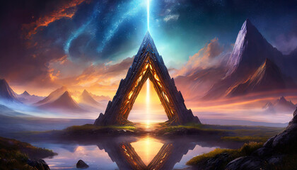 Magic triangle portal at night. Fantasy landscape. Beautiful mystery scenery. Digital artwork.