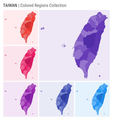 Taiwan map collection. Country shape with colored regions. Deep Purple, Red, Pink, Purple, Indigo, Blue color palettes. Border of Taiwan with provinces for your infographic. Vector illustration.