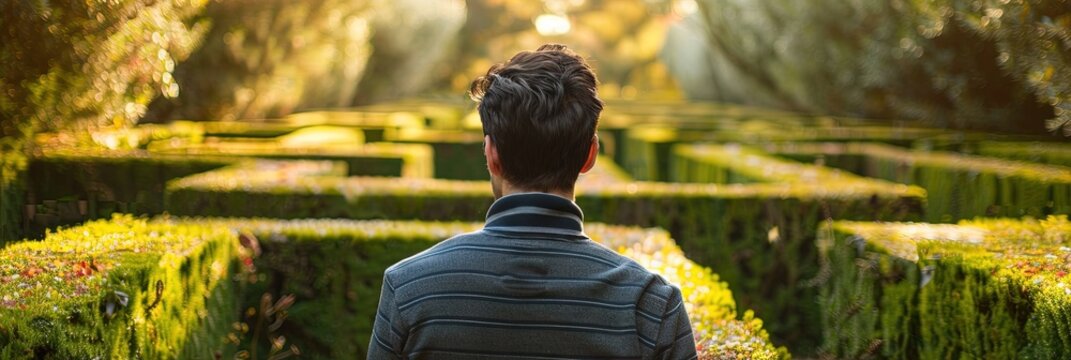 Executive in a business suit standing in front of a hedge maze - career path concept navigating complicated work choices