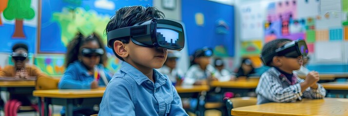 Young kid student using augmented and virtual reality in the classroom for education and learning.