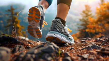 A woman is running on a rocky trail with her feet in the air. Concept of freedom and adventure, as the woman is enjoying the outdoors and the challenge of running on uneven terrain