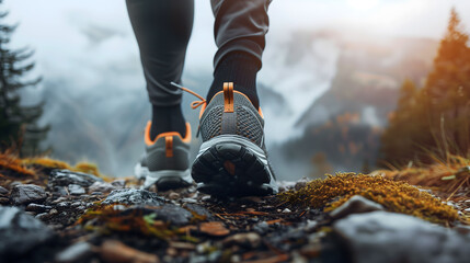 Close up of a pair of shoes walking on a rocky path. The shoes are grey and orange. The person is...