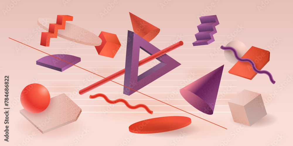Poster Abstract 3D elements. Geometric colorful art composition with bright circles and cubes. Minimal figures. Spheres and pyramids. Flying triangles. Vector design graphic shapes background