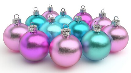 Obraz premium Christmas bauble, Baubles on Solid tone Surface. A panoramic image showcasing baubles in vibrant colored tones reflecting a wintry setting placed on a solid surface, creating a cozy holiday scene