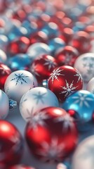 Christmas bauble, Baubles on Solid tone Surface. A panoramic image showcasing baubles in vibrant colored tones reflecting a wintry setting placed on a solid surface, creating a cozy holiday scene