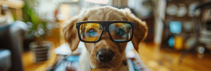 Young Labrador Retriever Dog wearing augmented reality glasses