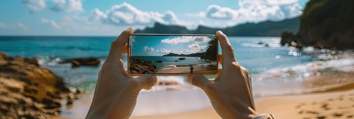Hands holding a smartphone taking a photo at the beach during summer vacation