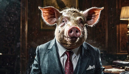Filthy rich businessman pig is fat and disgusting, greedy corporation manager and executive. - obrazy, fototapety, plakaty