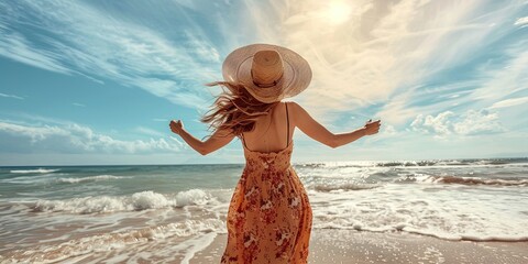 photo of Beautiful woman in summer dress enjoying life at the beach