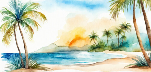 Fototapeta na wymiar Seascape. Summer tropical beach with golden sand palm branches. Watercolor style art.