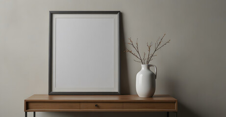 Mockup of poster, photo frame on wooden table with vase and white wall background