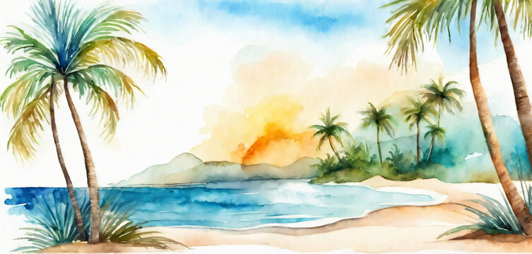 Seascape. Summer tropical beach with golden sand palm branches. Watercolor style art.