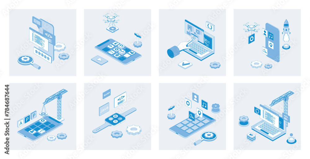 Aufkleber App development 3d isometric concept set with isometry icons design for web. Collection of mobile programming process, interface layout creation, coding, fixing bugs, optimization. Vector illustration