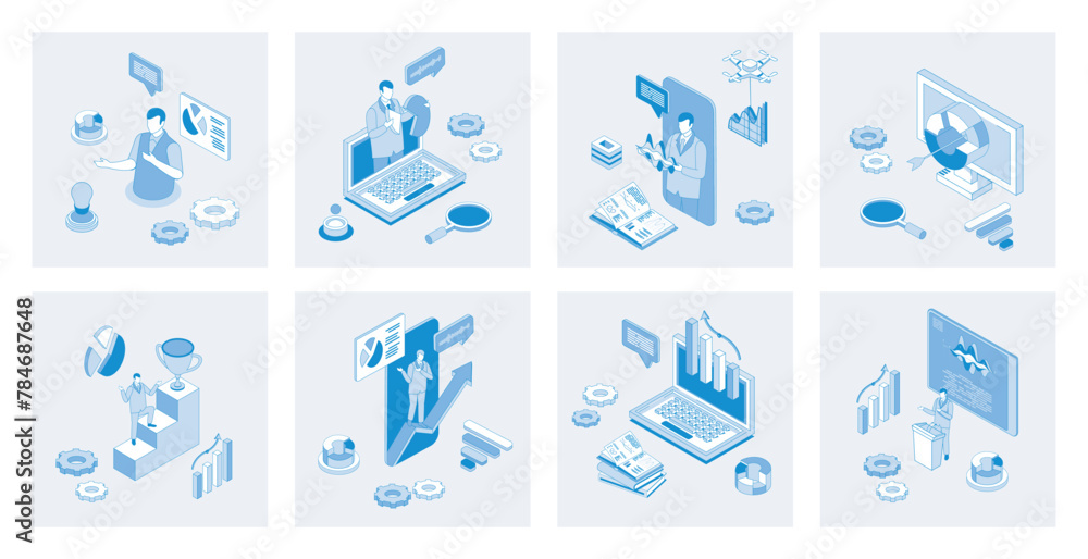 Aufkleber business training 3d isometric concept set with isometric icons design for web. collection of busine