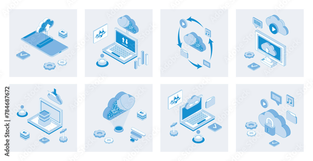 Aufkleber Cloud storage 3d isometric concept set with isometric icons design for web. Collection of uploading and downloading data, online backup system, cyberspace processing and computing. Vector illustration