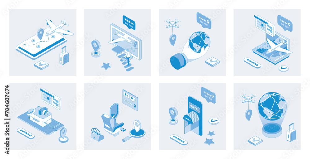 Leinwandbilder booking 3d isometric concept set with isometry icons design for web. collection of airplane route ma