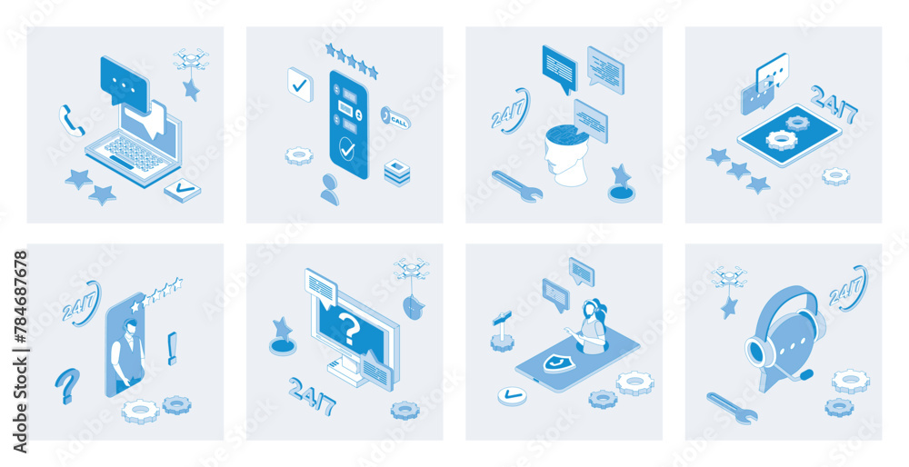 Aufkleber Customer support 3d isometric concept set with isometric icons design for web. Collection of clients chat or call, solving problems online, technical solution center with feedback. Vector illustration