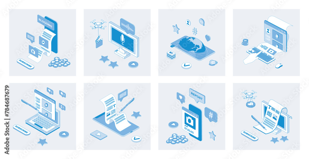 Poster blogging 3d isometric concept set with isometry icons design for web. collection of creating content