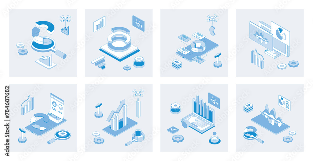 Aufkleber Data analysis 3d isometric concept set with isometric icons design for web. Collection of charts and graphs, marketing research, financial diagrams report, statistic information. Vector illustration