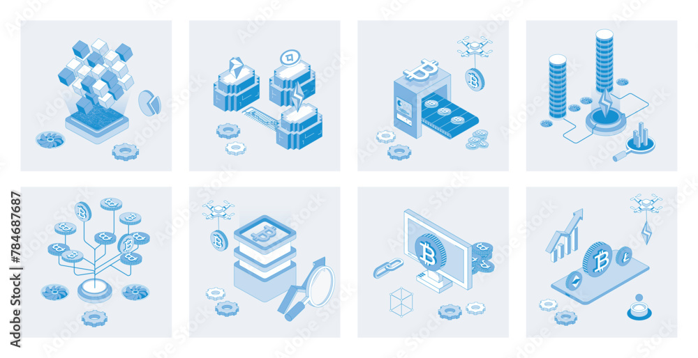 Poster Cryptocurrency 3d isometric concept set with isometric icons design for web. Collection of blockchain technology, trading and mining coins, bitcoins investments, financial growth. Vector illustration