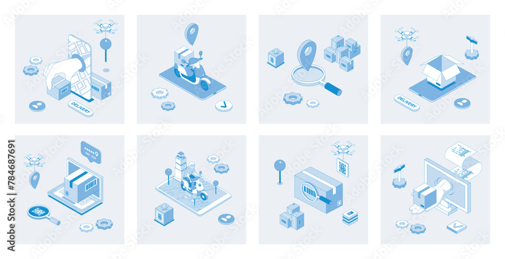 Poster delivery service 3d isometric concept set with isometric icons design for web. collection of courier