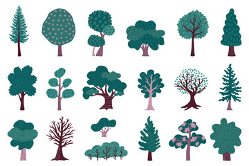 Tree icons. Forest plant silhouettes, green park landscape with branch and summer leaves, nature earth spring garden, environment. Isolated simple landscape elements. Vector cartoon set