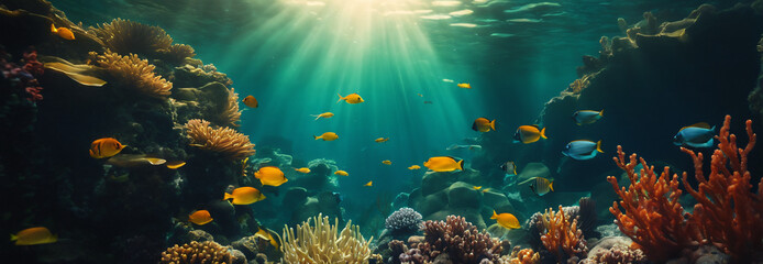 Fototapeta na wymiar Underwater Diving - Tropical Scene With Sea Life In The Reef Ultrawide Panorama Background.