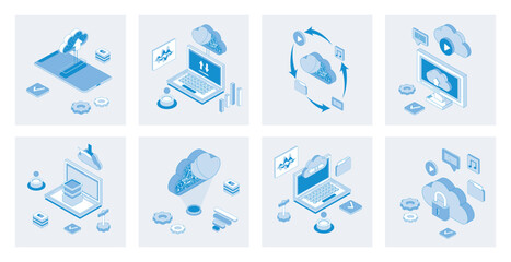 Cloud storage 3d isometric concept set with isometric icons design for web. Collection of uploading and downloading data, online backup system, cyberspace processing and computing. Vector illustration