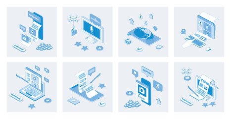 Blogging 3d isometric concept set with isometry icons design for web. Collection of creating content in online blogs, posting video or photo, followers comment and like, subscribe. Vector illustration