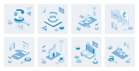 Data analysis 3d isometric concept set with isometric icons design for web. Collection of charts and graphs, marketing research, financial diagrams report, statistic information. Vector illustration